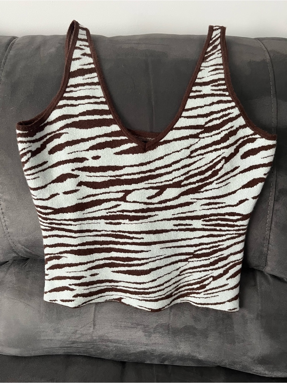 V-Neck Brown and Mint green Zebra-Print Knit Tank Top
